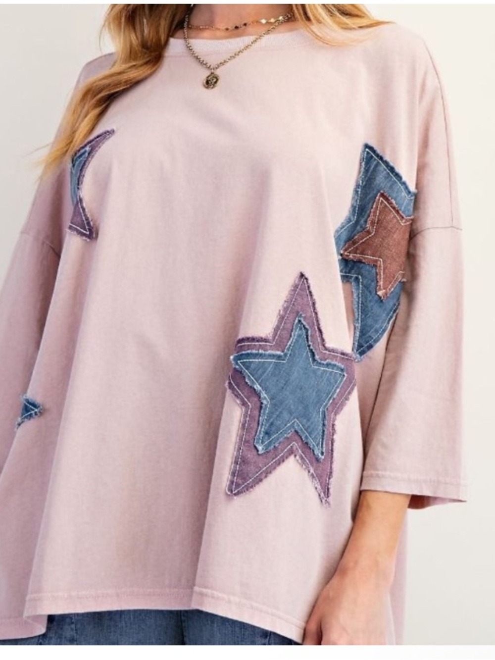 Easel Star patchwork Pink Star Appliqué Short Sleeve Tee - Picture 5 of 5